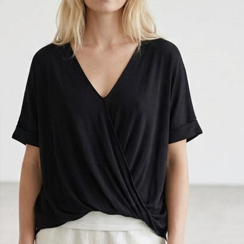 Paxton Faux Wrap Twist Top Womens Medium Black V-Neck Knit Drapey Oversized